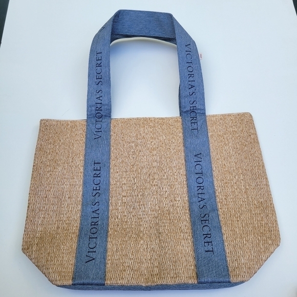 Victoria's Secret NWT tote Bag Wicker Tan blue logo. - Picture 6 of 11